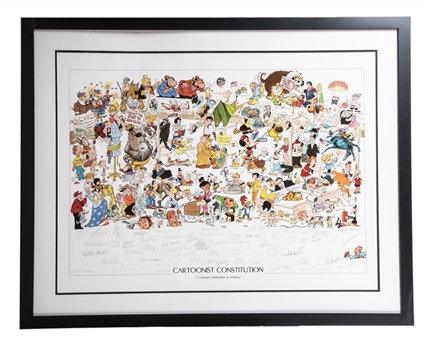 Incredible Multi-Signed Cartoonist Framed 36x31" Collage Including Charles Schulz, Stan Lee, Jim Davis, and Mort Walker (PSA/DNA)  